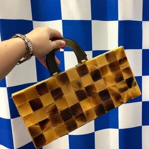 Elegant Gold and Brown Checkered Women's Handbag